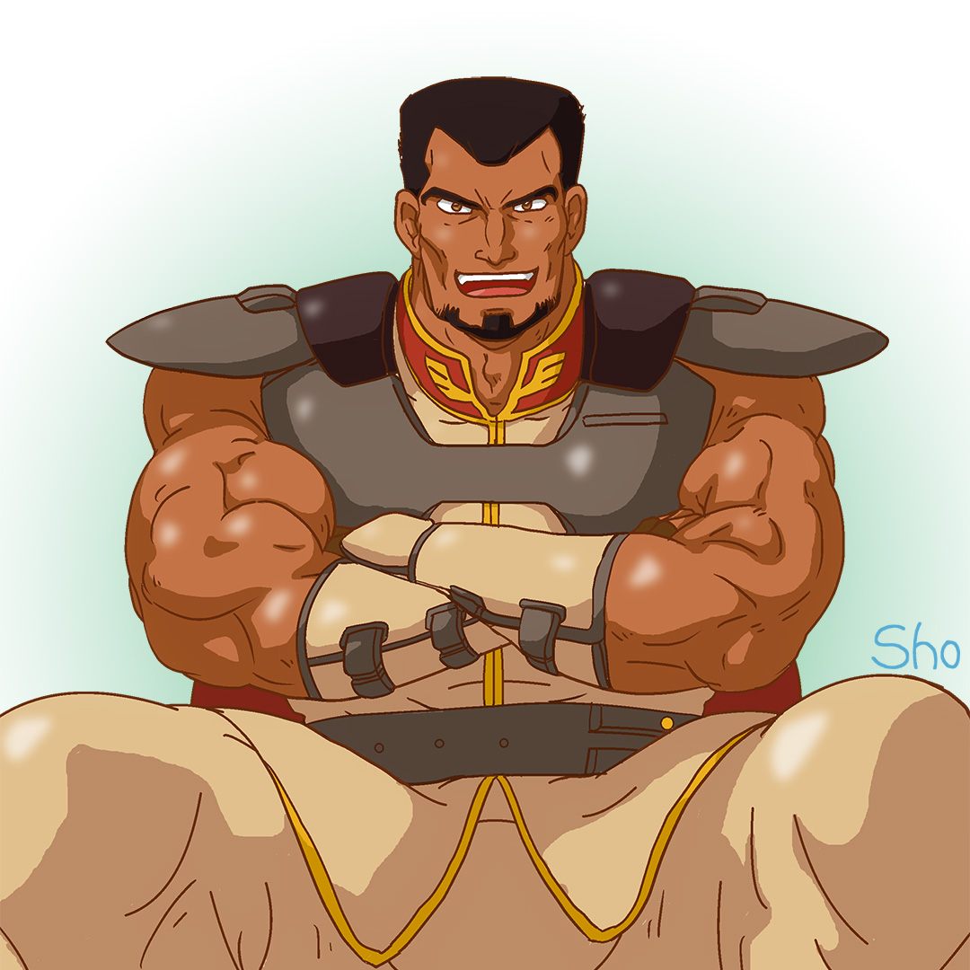 sho (432054), rakan dahkaran, gundam, gundam zz, commentary request, 1boy, adam's apple, artist name, bara, black hair, brown eyes, crossed arms, dark-skinned male, dark skin, looking at viewer, male focus, muscular, muscular male, open mouth, short hair, simple background, solo