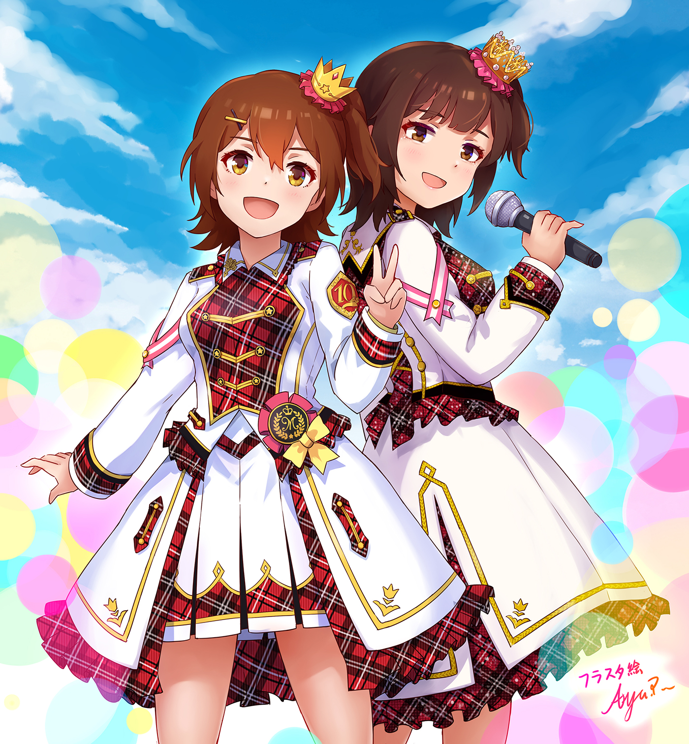 koaya, kasuga mirai, yamazaki haruka, idolmaster, idolmaster million live!, idolmaster million live! theater days, real life, highres, 2girls, :d, blue sky, border, brown eyes, brown hair, collared jacket, crown, day, hair ornament, hairclip, holding, holding microphone, jacket, long sleeves, looking at viewer, microphone, mini crown, multiple girls, official alternate costume, one side up, open mouth, outdoors, plaid clothes, plaid jacket, re prologue x (idolmaster), short hair, signature, skirt, sky, smile, standing, voice actor, voice actor connection, white jacket, white skirt, x hair ornament