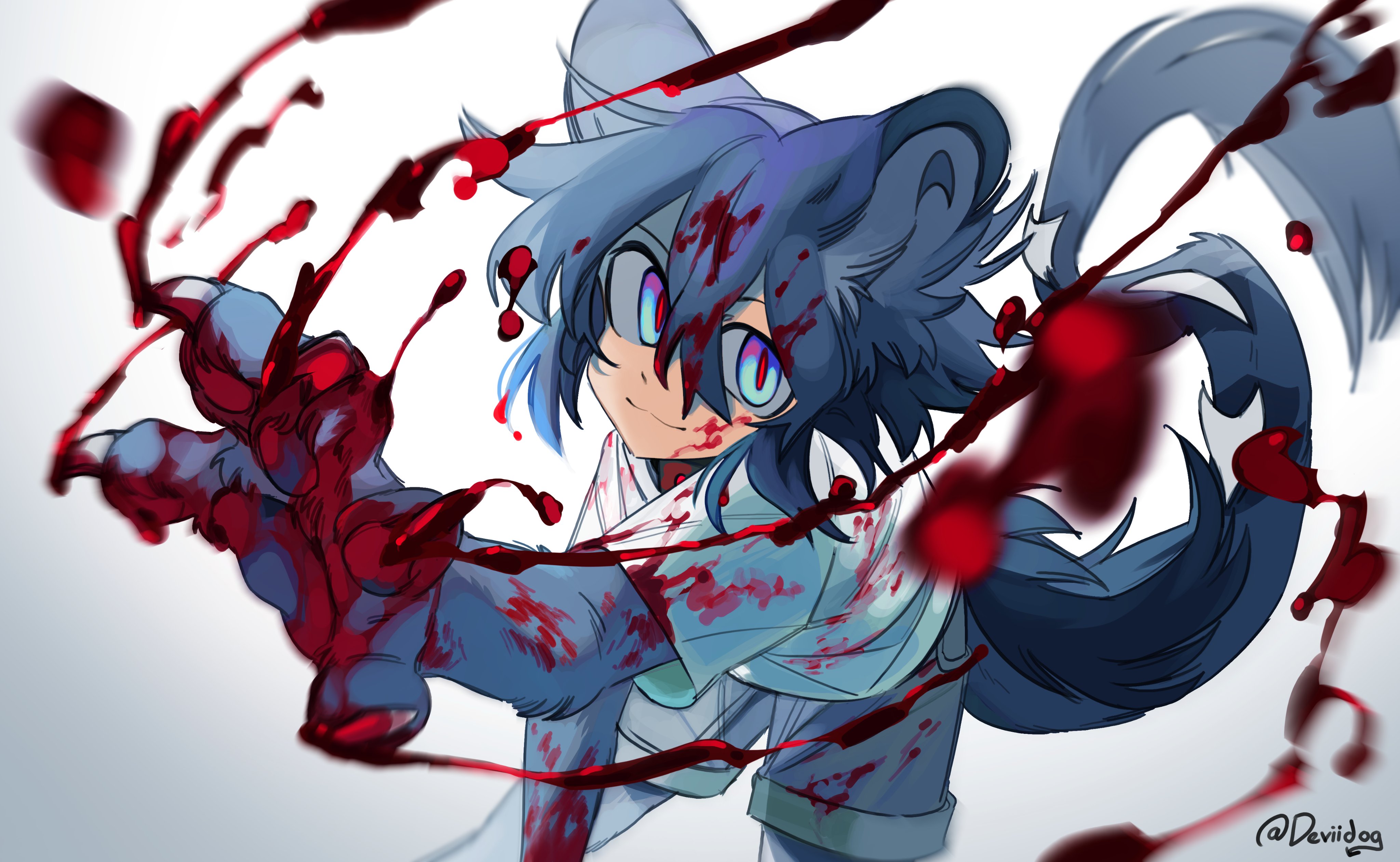deviidog0, original, absurdres, commentary, english commentary, highres, 1boy, :3, animal ears, animal feet, animal hands, blood, blood on clothes, blood on face, blood on hands, blue eyes, blue hair, claws, cowboy shot, gradient background, leaning forward, looking at viewer, male focus, monster boy, red pupils, shirt, short hair, shorts, solo, tail, white background, white shirt