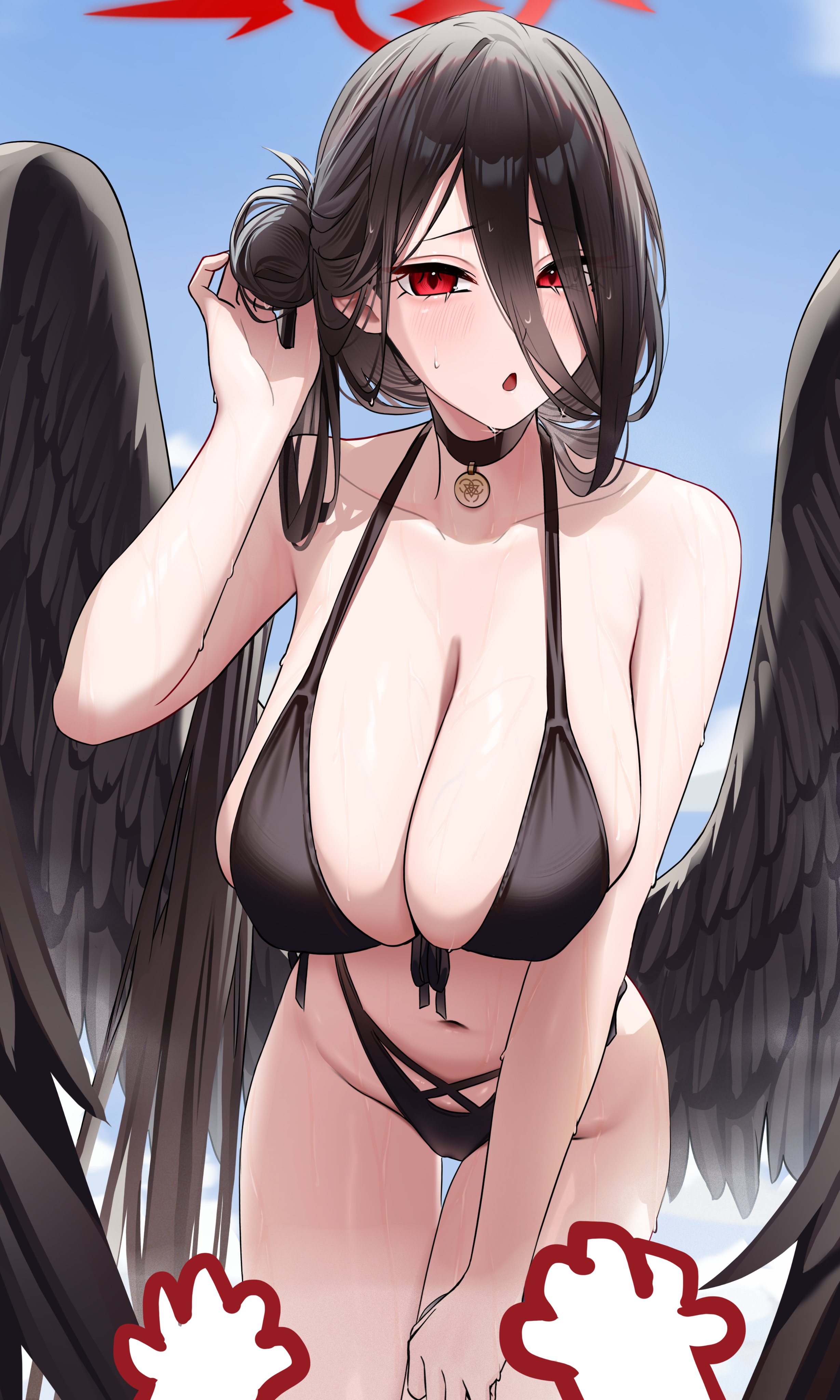 wanne, doodle sensei (blue archive), hasumi (blue archive), hasumi (swimsuit) (blue archive), sensei (blue archive), blue archive, absurdres, highres, 1girl, bikini, black bikini, black choker, black hair, black wings, breasts, choker, feathered wings, hair between eyes, hair bun, halo, hand in own hair, highleg, highleg bikini, huge breasts, long hair, long hair between eyes, loosely tucked bangs, low wings, official alternate costume, official alternate hairstyle, open mouth, oversized wings, pov, pov hands, red eyes, red halo, swimsuit, wings