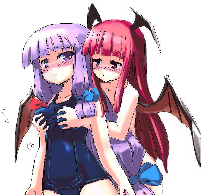 koakuma, patchouli knowledge, embodiment of scarlet devil, touhou, artist request, 2girls, bare shoulders, blush, breasts, clothed female nude female, demon girl, demon wings, female focus, from behind, grabbing another's breast, groping, head wings, hime cut, long hair, looking at another, looking back, medium breasts, multiple girls, naughty face, nude, oekaki, one-piece swimsuit, purple eyes, purple hair, red eyes, red hair, school swimsuit, shy, smile, swimsuit, very long hair, wings, yuri