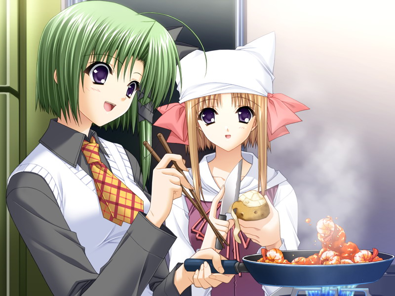 suzuhira hiro, shigure ama, shigure asa, shuffle!, light brown hair, game cg, official art, 00s, 2girls, age difference, blonde hair, bow, chopsticks, cooking, crustacean, food, frying pan, green hair, kitchen knife, knife, mother and daughter, multiple girls, necktie, peeling, pink bow, potato, ribbon, shrimp, stove