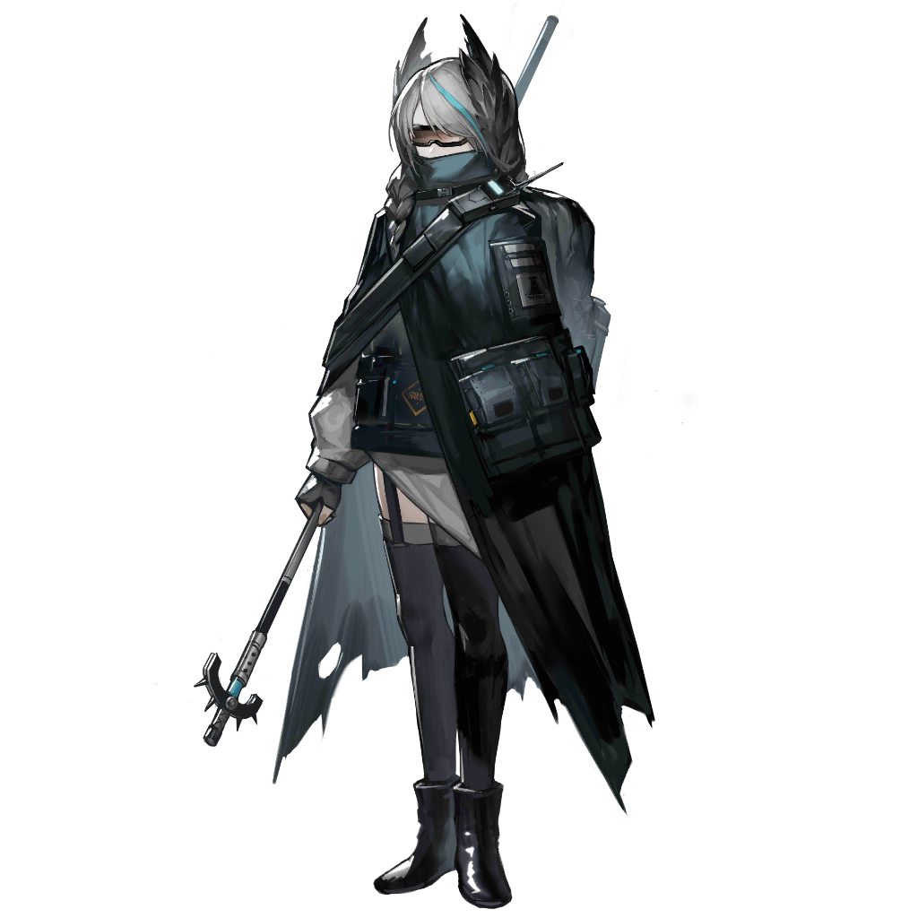 pith (arknights), arknights, official art, third-party source, 1girl, feather hair, full body, grey hair, holding, holding staff, rhodes island logo (arknights), rhodes island uniform, simple background, solo, staff, standing, tachi-e, tactical clothes, transparent background
