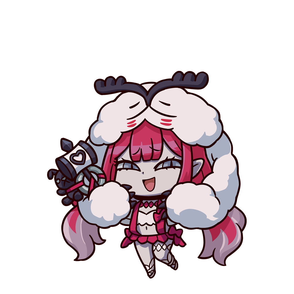riyo (lyomsnpmp), baobhan sith (fate), baobhan sith (swimsuit pretender) (first ascension) (fate), cernunnos (fate), fate/grand order, fate (series), official art, third-party source, 1girl, camisole, character hood, chibi, full body, grey eyes, hammer, hand up, headwear with attached mittens, jacket, long hair, looking at viewer, navel, pink hair, pink skirt, pointy ears, sidelocks, skirt, smile, solo, transparent background, white camisole, white jacket