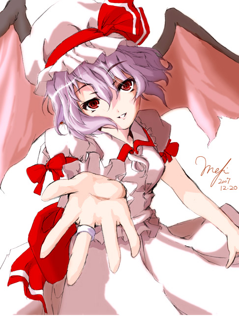 remilia scarlet, touhou, 1girl, female focus, hat, mob cap, purple hair, red eyes, ribbon, short hair, simple background, skirt, solo, vampire, white background, wings