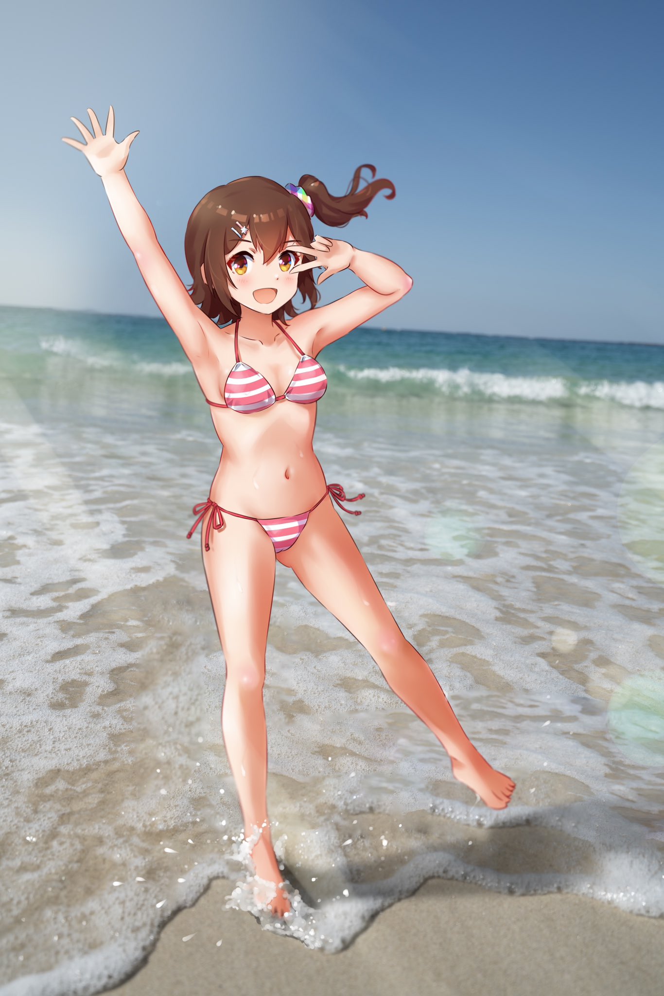 koaya, kasuga mirai, idolmaster, idolmaster million live!, highres, 1girl, :d, arm up, beach, bikini, blush, breasts, brown eyes, brown hair, day, floating hair, hair ornament, hair scrunchie, hairclip, halterneck, hand up, navel, one side up, open mouth, outdoors, photo background, scrunchie, side-tie bikini bottom, small breasts, smile, solo, standing, standing on one leg, star (symbol), star hair ornament, string bikini, striped bikini, striped clothes, swimsuit, w, water