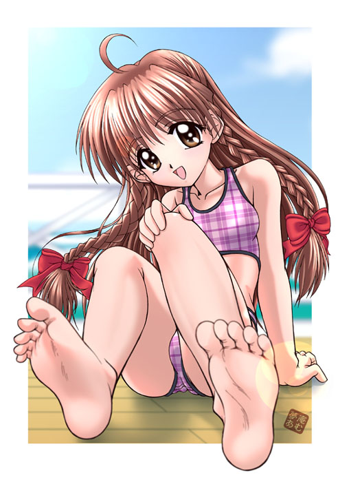 yumeori amu, karen (sister princess), sister princess, 00s, 1girl, :d, ahoge, barefoot, bikini, braid, brown eyes, brown hair, day, feet, female focus, foot focus, open mouth, plaid bikini, plaid clothes, smile, soles, solo, swimsuit, toes, twin braids