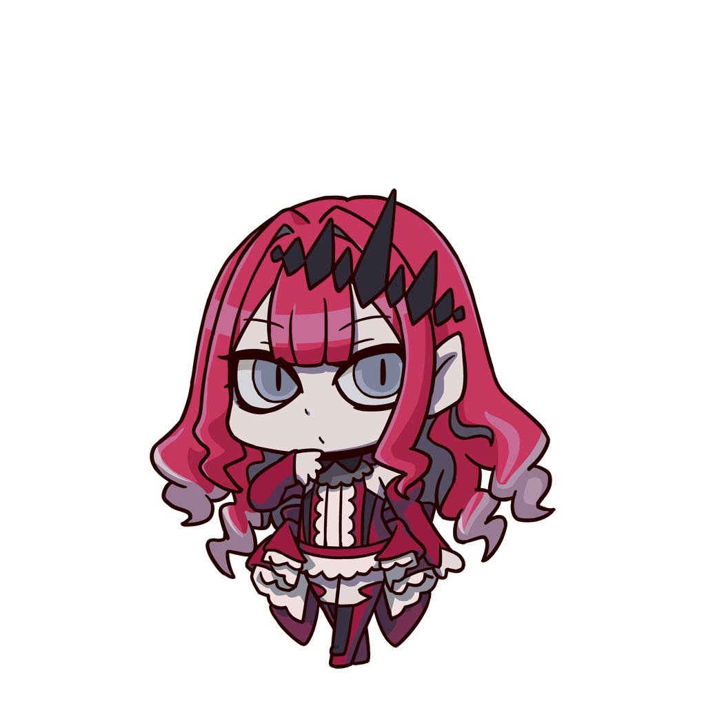 riyo (lyomsnpmp), baobhan sith (fate), baobhan sith (first ascension) (fate), fate/grand order, fate (series), official art, third-party source, 1girl, april fools, boots, chibi, chibi only, detached sleeves, dress, frilled dress, frills, grey eyes, hair ornament, hand up, high heels, long hair, looking at viewer, pink hair, pointy ears, red dress, shoes, sidelocks, solo, thigh boots