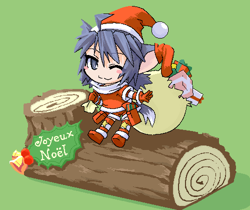 mof, yuel (summon night), original, summon night, lowres, 1girl, :3, animal ears, cat ears, chibi, christmas, female focus, log, oekaki, santa costume, solo, yule log (cake)