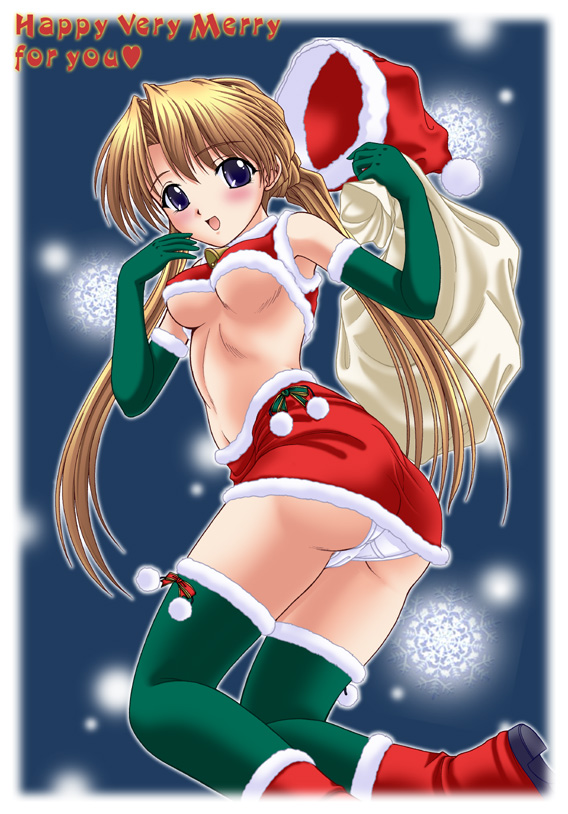 yumeori amu, sakuya (sister princess), sister princess, 00s, 1girl, bell, blonde hair, blush, breasts, christmas, elbow gloves, female focus, gloves, green gloves, green thighhighs, hat, long hair, looking at viewer, panties, pantyshot, purple eyes, revealing clothes, sack, santa costume, santa hat, skirt, solo, thighhighs, twintails, underboob, underwear, white panties