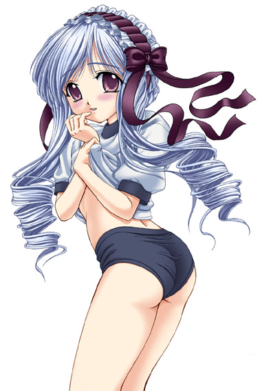 yumeori amu, aria (sister princess), sister princess, 00s, 1girl, buruma, clothes lift, female focus, gym uniform, shirt lift, simple background, solo