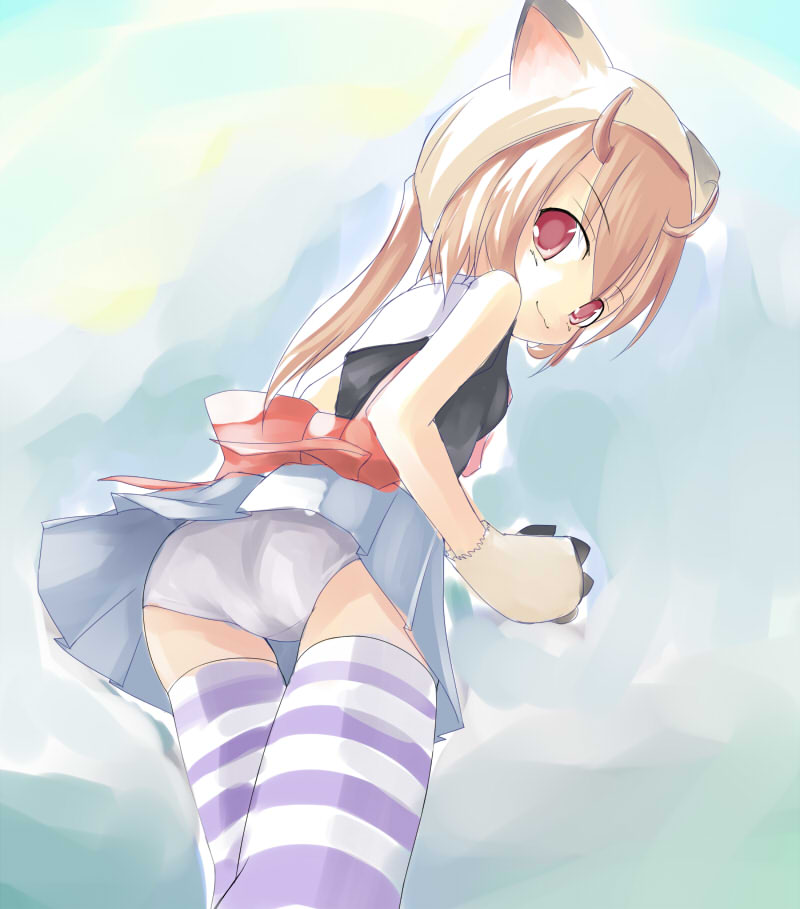 himawari, kuro (be ok), yusura, yusura (himawari), himawari!, 00s, 1girl, animal ears, animal hands, antenna hair, ass, blonde hair, bow, cat ears, female focus, flat chest, from behind, from below, hat, long hair, looking back, panties, pantyshot, pink eyes, ponytail, skirt, smile, solo, standing, striped clothes, striped thighhighs, thigh gap, thighhighs, thighs, underwear, upskirt, white panties