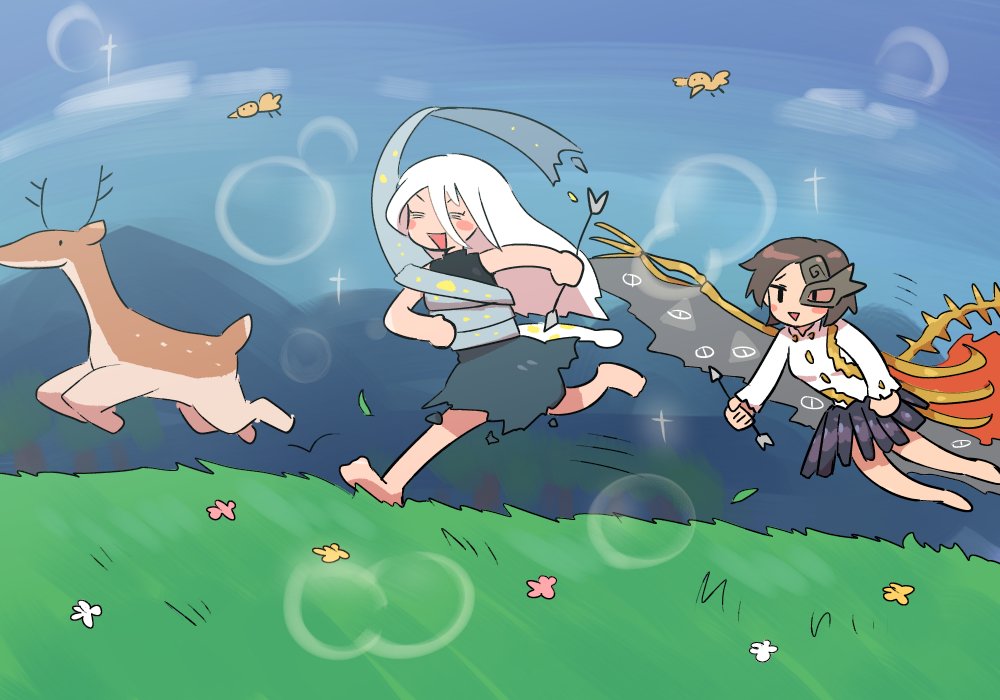 kasugai (de-tteiu), iwanaga ariya, yuiman asama, touhou, translated, 2girls, arrow (projectile), bare shoulders, bird, black dress, blush, brown hair, deer, deer head, dress, eyes on wings, fiery wings, flower, flying, gold buttons, grass, hair between eyes, long hair, long sleeves, mask, mask over one eye, multiple girls, on grass, red eyes, running, sash, short hair, skeletal wings, skirt, sleeveless, sleeveless dress, sparkle background, sweat, tree, turtleneck, turtleneck dress, white hair, wings