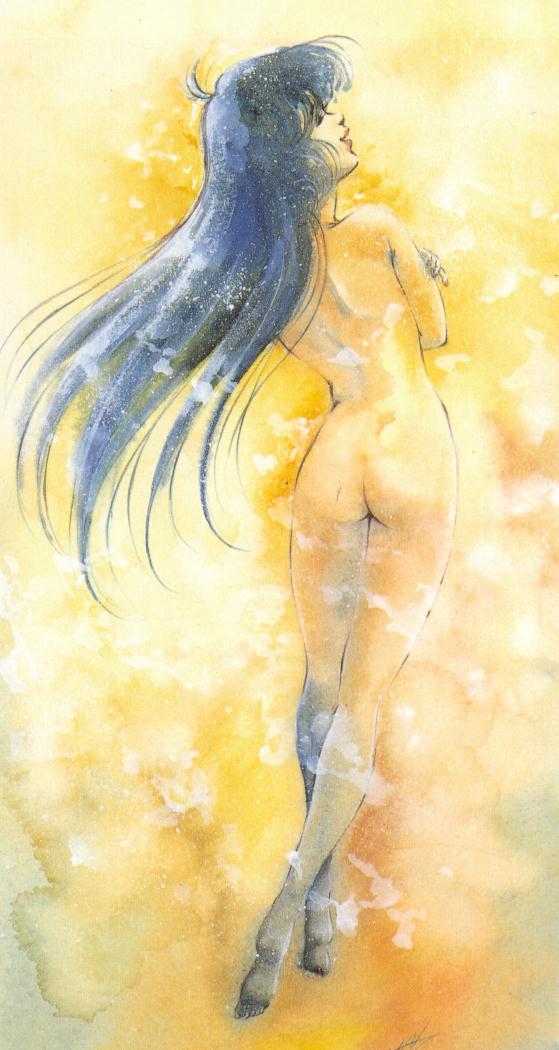 mikimoto haruhiko, lynn minmay, choujikuu yousai macross, macross, macross: do you remember love?, 1980s (style), 1girl, ass, female focus, floating, legs, lips, long hair, nude, oldschool, retro artstyle, solo