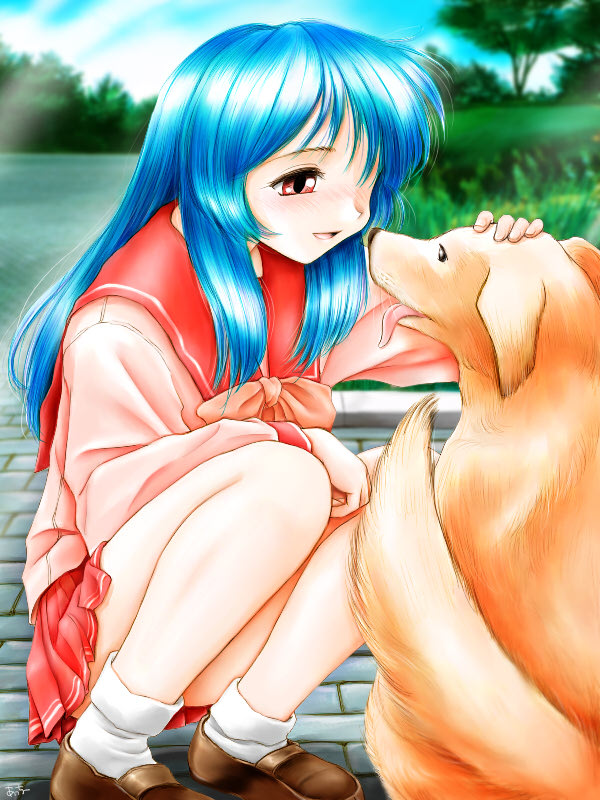 atchy, himekawa kotone, to heart, to heart (series), 1girl, blue hair, dog, female focus, red eyes, school uniform, serafuku, solo