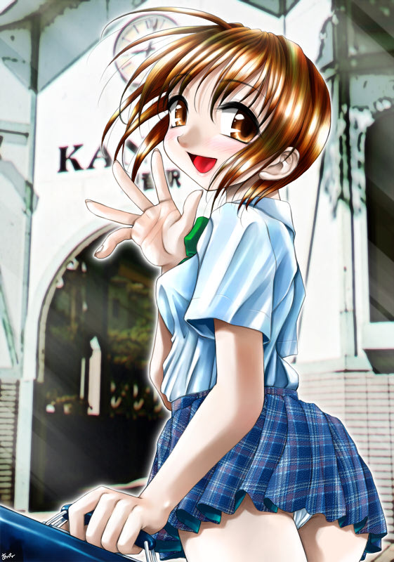 atchy, 1girl, blouse, briefcase, cowboy shot, day, female focus, panties, pantyshot, photo background, plaid clothes, plaid skirt, school briefcase, school uniform, serafuku, shirt, shirt tucked in, skirt, solo, underwear, upskirt, white shirt