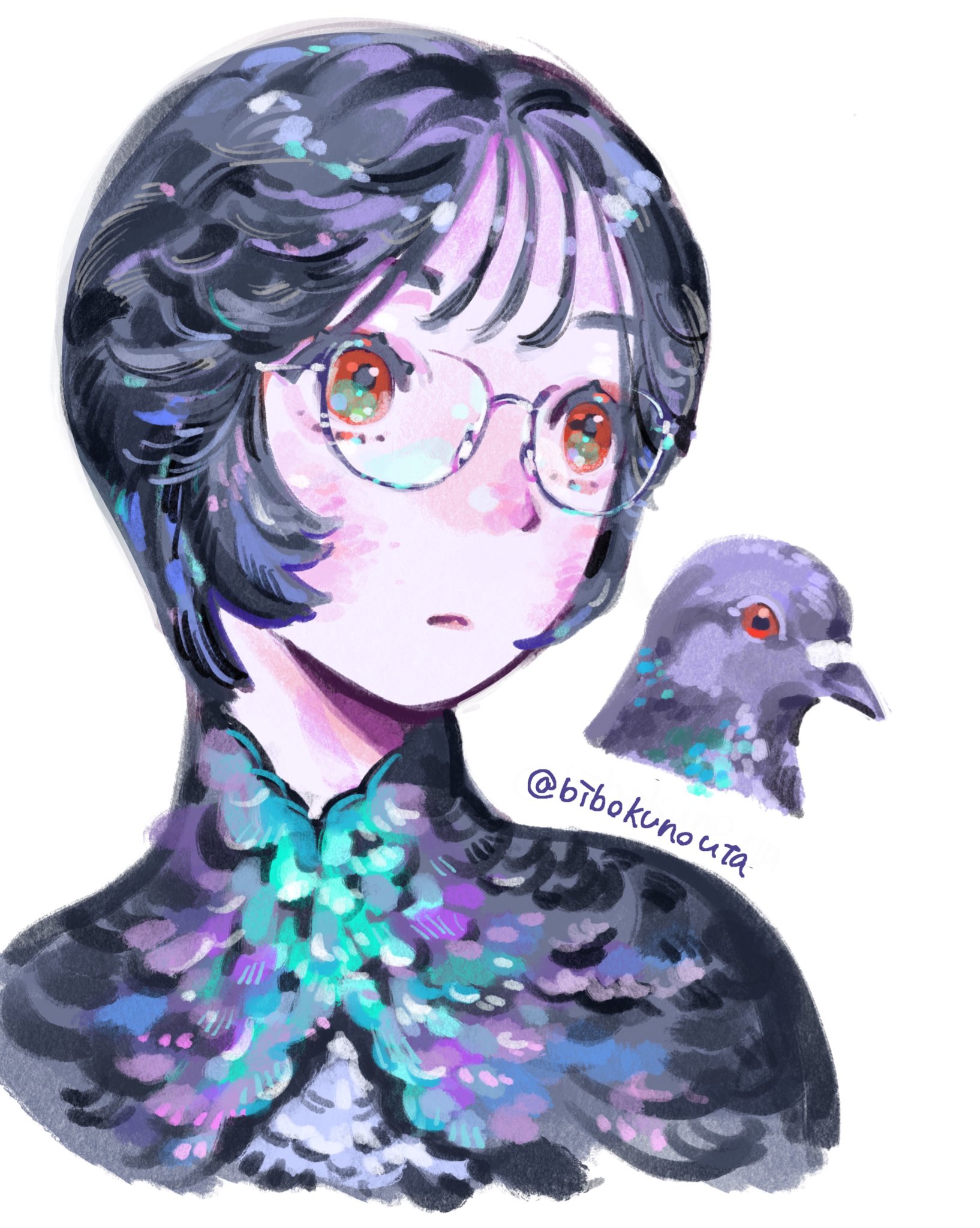 john end, original, highres, 1girl, animal, bird, bird girl, black hair, colored eyelashes, feather hair, glasses, personification, pigeon, portrait, red eyes, short hair, simple background, solo, white background