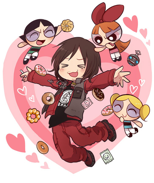 50yen (gojiue), blossom (ppg), bubbles (ppg), buttercup (ppg), powerpuff girls, commentary request, > <, 1boy, 3girls, :3, :d, ^ ^, arm up, beard stubble, black hair, black shirt, black shoes, blade ii (film), blonde hair, blue dress, blunt bangs, blunt ends, blush, bow, brown hair, cargo pants, chocolate donut, cigarette, closed eyes, covering own mouth, cross, cross necklace, crossover, deformed, donut, dress, facial hair, facing another, floating, floating food, food, french cruller, full body, furrowed brow, gold choker, green dress, grey vest, hair bow, hand on another's head, hand over own mouth, heart, heart background, holding, holding cigarette, holding donut, holding food, jacket, jewelry, leggings, long hair, long sleeves, loving aura, mole, mole above mouth, multiple girls, multiple necklaces, mustache stubble, necklace, open clothes, open jacket, open mouth, open vest, orange hair, outstretched arms, pants, parted hair, pink donut, pink dress, pon de ring, print shirt, raised inner eyebrows, red bow, red jacket, red pants, red shoes, scud (blade ii), shirt, shoes, short hair, short twintails, simple background, smile, sneakers, strapless, strapless dress, stubble, tube dress, twintails, two-tone dress, uneven eyes, v-shaped eyebrows, vest, white background, white leggings, x3