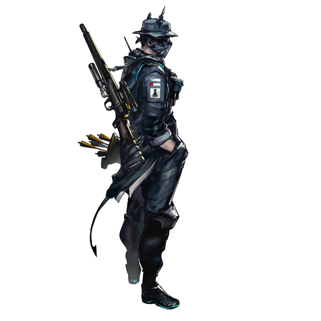 scout (arknights), arknights, official art, third-party source, 1boy, demon horns, demon tail, full body, gun, hand in pocket, horns, male focus, rhodes island logo (arknights), rhodes island uniform, rifle, simple background, solo, standing, tachi-e, tail, transparent background, weapon