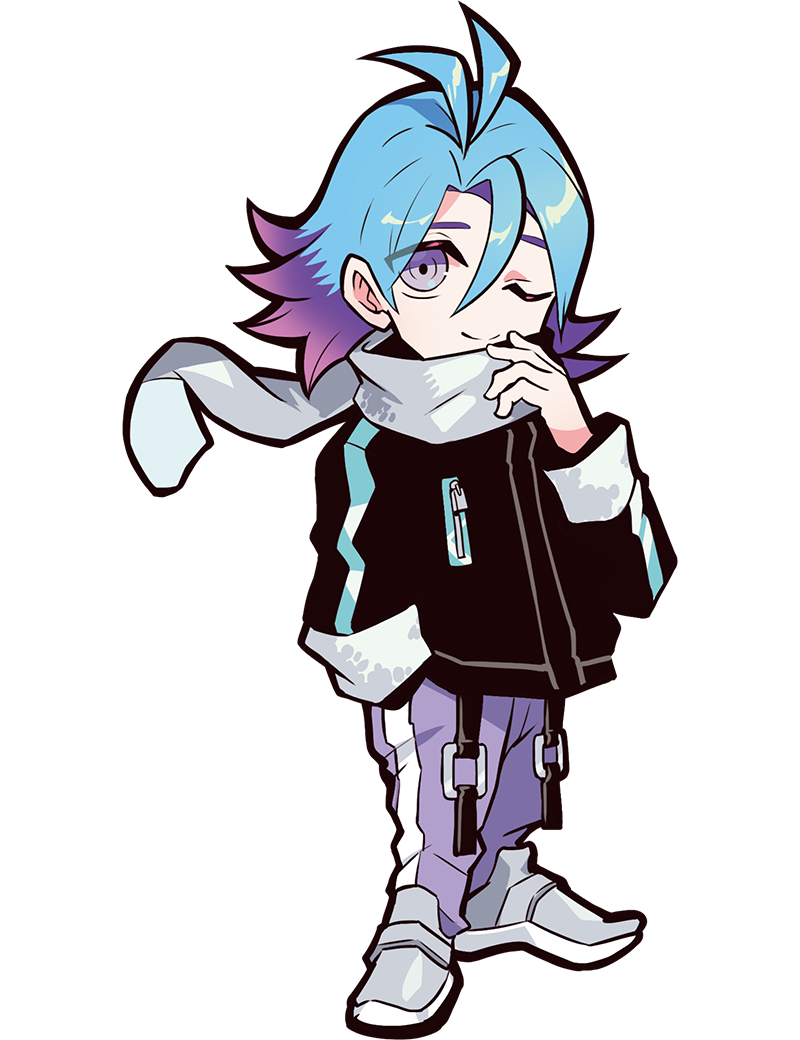 puppeteer7777, crazy raccoon, archived source, official art, second-party source, 1boy, anime coloring, antenna hair, aqua hair, belt, black belt, black jacket, black sleeves, closed mouth, eyes visible through hair, facing viewer, full body, grey shoes, hair between eyes, hair intakes, hand in pocket, jacket, legs together, long bangs, long hair, looking at viewer, male focus, meiy (crazy raccoon), multicolored hair, no nose, o-ring, o-ring belt, one eye closed, pants, purple eyes, purple hair, purple pants, scarf, shoes, smile, solo, split mouth, standing, straight hair, striped clothes, striped pants, tachi-e, thick lineart, transparent background, two-tone hair, vertical-striped clothes, vertical-striped pants, white scarf, white sleeve cuffs, zipper, zipper pull tab