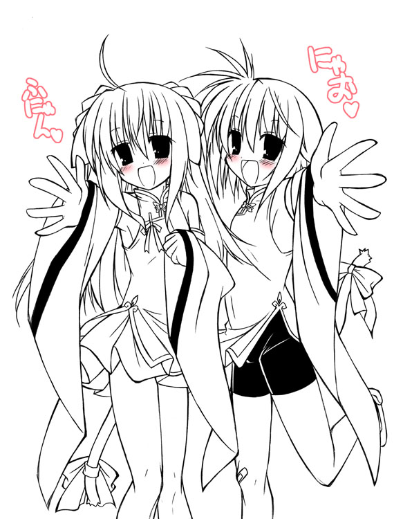 jun'you maru, original, 2girls, :d, ahoge, antenna hair, bare legs, blush, breasts, long hair, long sleeves, looking at viewer, monochrome, multiple girls, open mouth, outstretched arms, shorts, simple background, skirt, small breasts, smile, standing, standing on one leg, tail, white background