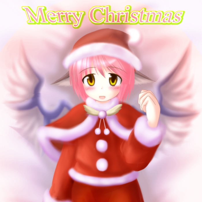 des (namaasi), mystia lorelei, touhou, 1girl, animal ears, blush, capelet, christmas, female focus, hat, pink hair, santa costume, santa hat, short hair, solo, wings