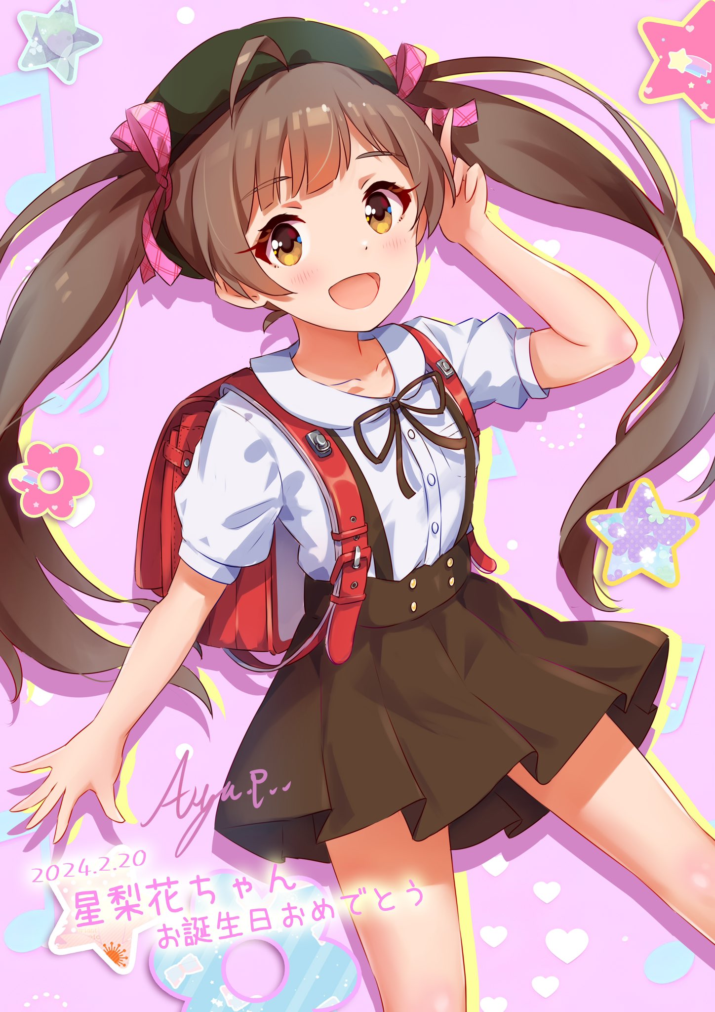 koaya, hakozaki serika, idolmaster, idolmaster million live!, highres, translation request, 1girl, :d, ahoge, backpack, bag, beret, black hat, black skirt, brown eyes, brown hair, dated, hat, light blush, long hair, looking at viewer, open mouth, pink background, randoseru, school uniform, shirt, short sleeves, signature, skirt, smile, solo, standing, suspender skirt, suspenders, twintails, white shirt
