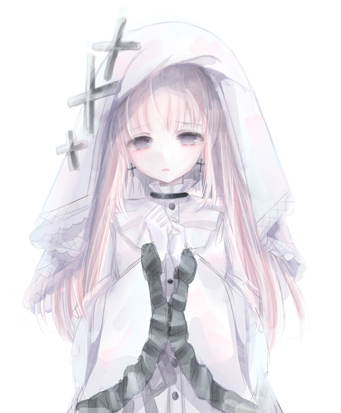 hikami meruru, mahou shoujo no majo saiban, chinese commentary, commentary request, highres, 1girl, blonde hair, cross, cross earrings, dress, earrings, frilled dress, frilled sleeves, frills, gloves, hands up, jewelry, lanmei ke song, long hair, long sleeves, looking at viewer, magical girl, own hands together, purple eyes, simple background, solo, veil, white background, white dress, white gloves, white veil, wide sleeves