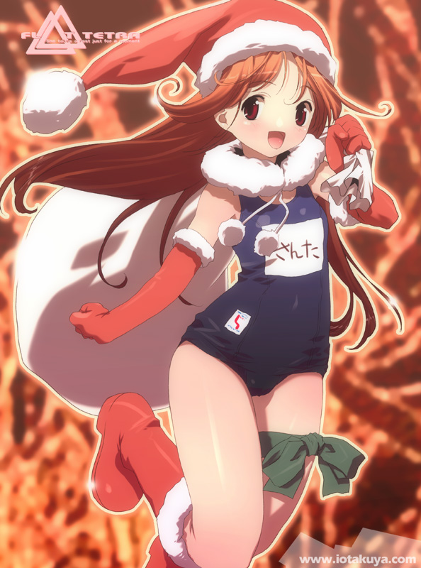io takuya, original, 1girl, black one-piece swimsuit, boots, brown hair, christmas, female focus, gloves, hat, long hair, name tag, one-piece swimsuit, red eyes, red gloves, sack, santa costume, santa hat, school swimsuit, solo, swimsuit