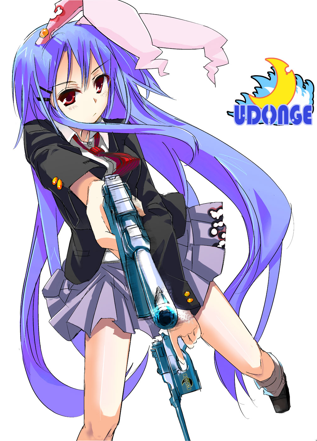gotyou, reisen udongein inaba, touhou, highres, 1girl, animal ears, bullet hole, female focus, gun, handgun, mauser c96, pistol, rabbit ears, solo, weapon