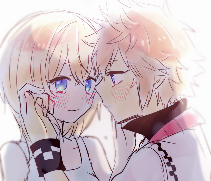 anoko (darenokoanoko), namine, roxas, kingdom hearts, kingdom hearts ii, commentary request, 1boy, 1girl, bare shoulders, blonde hair, blue eyes, blush, closed mouth, dress, eye contact, hair between eyes, hand on another's face, long hair, looking at another, profile, short hair, smile, tearing up, white dress