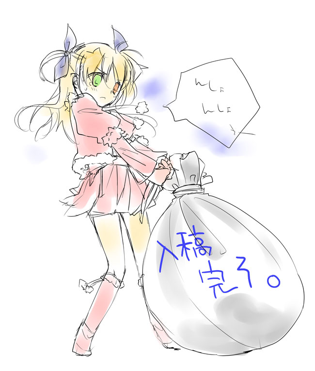 yu yu, vivio, lyrical nanoha, mahou shoujo lyrical nanoha, mahou shoujo lyrical nanoha strikers, translated, 00s, christmas, heterochromia, santa costume, sketch, solo