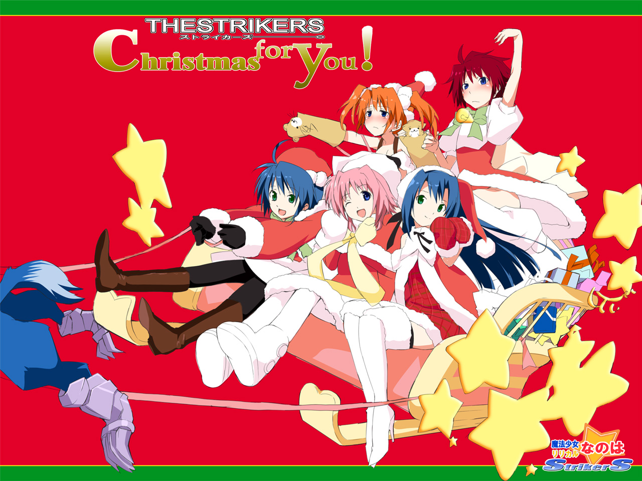okiura, caro ru lushe, erio mondial, ginga nakajima, subaru nakajima, teana lanster, yuuno scrya, zafira, lyrical nanoha, mahou shoujo lyrical nanoha, mahou shoujo lyrical nanoha strikers, 00s, 1boy, 4girls, black gloves, blush, boots, christmas, crossdressing, ferret, gift, gloves, green eyes, hat, long hair, mittens, multiple girls, one eye closed, open mouth, orange hair, pantyhose, pink hair, purple eyes, purple hair, santa costume, santa hat, short hair, siblings, sisters, smile, thigh boots, thighhighs, twintails, wink