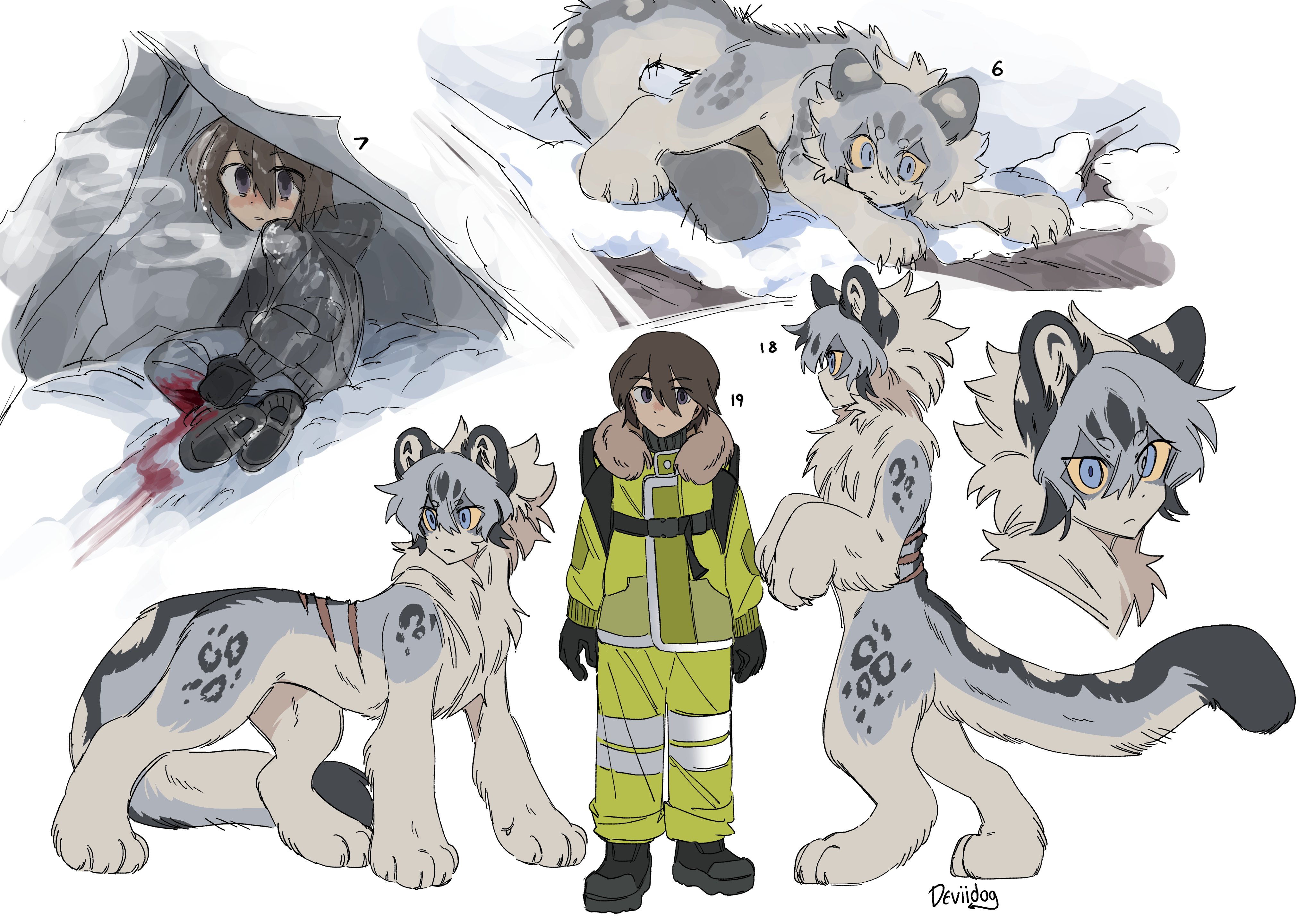 deviidog0, original, absurdres, commentary, english commentary, highres, 2boys, bleeding, blood, blood on leg, blue eyes, body fur, breath, brown hair, claws, colored sclera, full body, fur-trimmed hood, fur trim, grey fur, grey hair, hood, human head, jacket, male focus, monster boy, multiple boys, neck fur, purple eyes, scar, scar on back, short hair, simple background, snow, snow leopard boy, tail, white background, yellow jacket, yellow sclera