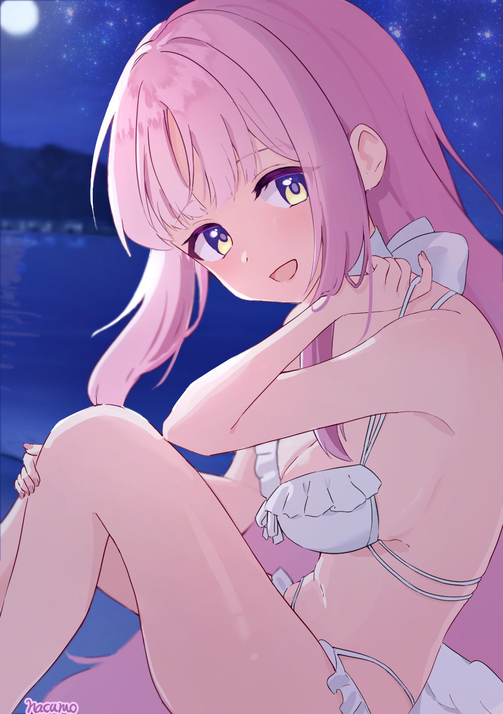mika (blue archive), mika (swimsuit) (blue archive), blue archive, highres, 1girl, angel wings, bikini, breasts, frilled bikini, frills, long hair, looking at viewer, low wings, medium breasts, nacumoco, official alternate costume, official alternate hairstyle, open mouth, purple eyes, solo, swimsuit, very long hair, white bikini, wings, yellow eyes