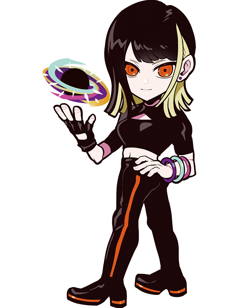 puppeteer7777, crazy raccoon, official art, second-party source, 1girl, anime coloring, black gloves, black hair, black leggings, black shirt, black shoes, blonde hair, blunt ends, bracelet, breasts, cleavage cutout, clothing cutout, cropped shirt, earrings, fingernails, floating, floating object, full body, gloves, gradient hair, hand on own hip, jewelry, leggings, legs apart, long hair, looking at viewer, medium breasts, midriff, multicolored hair, navel, orange eyes, orb, parted hair, shirt, shoes, short sleeves, single glove, solo, standing, straight hair, striped clothes, striped leggings, swept bangs, tachi-e, thick lineart, transparent background, twinkl, twisted torso, two-tone hair, vertical-striped clothes, vertical-striped leggings