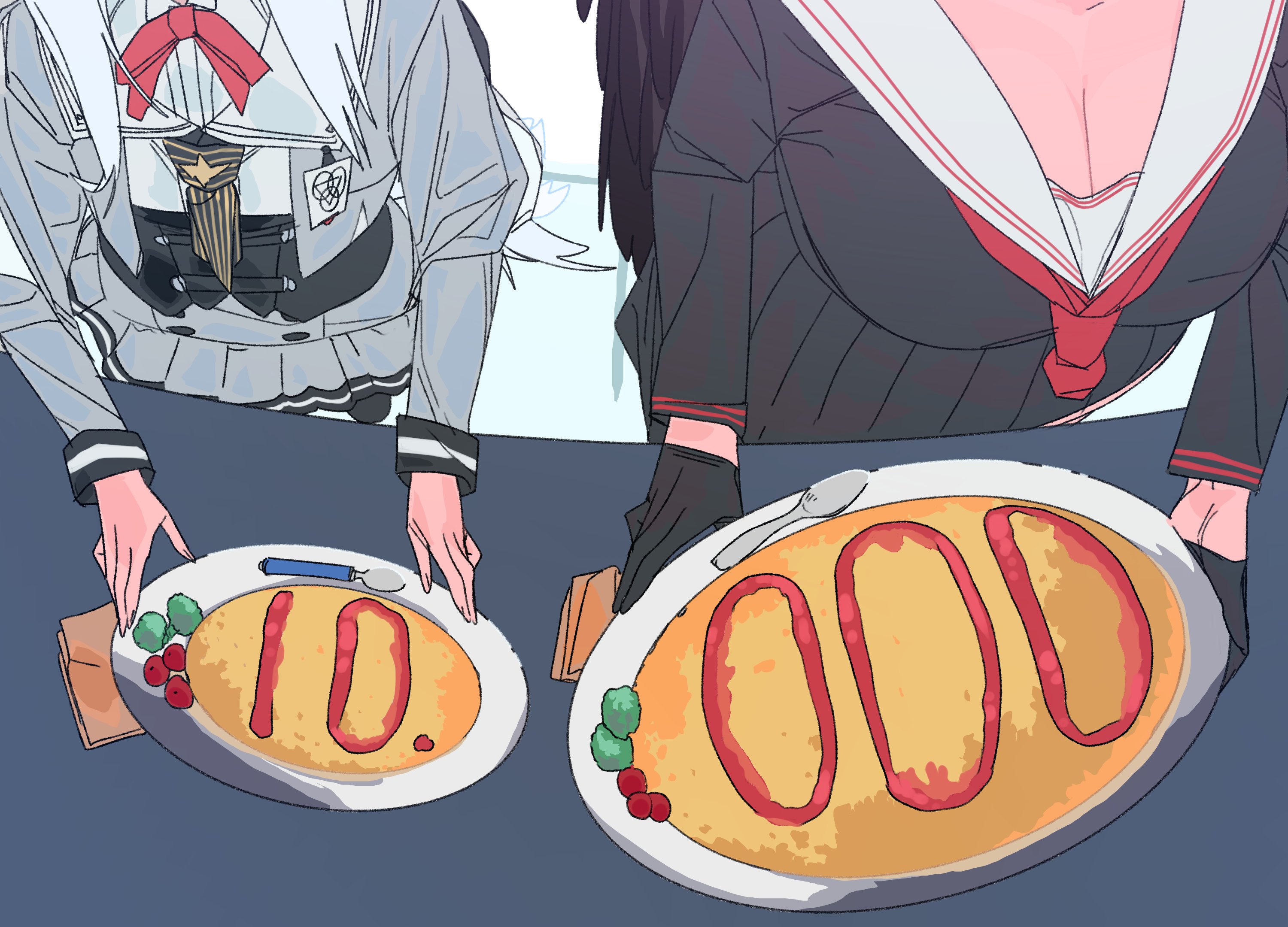 pararilla, hasumi (blue archive), suzumi (blue archive), blue archive, highres, 2girls, black gloves, black hair, breasts, cleavage, close-up, food, food writing, gloves, halo, holding, holding plate, jacket, ketchup, large breasts, long hair, milestone celebration, multiple girls, omelet, omurice, plate, school uniform, skirt, white hair