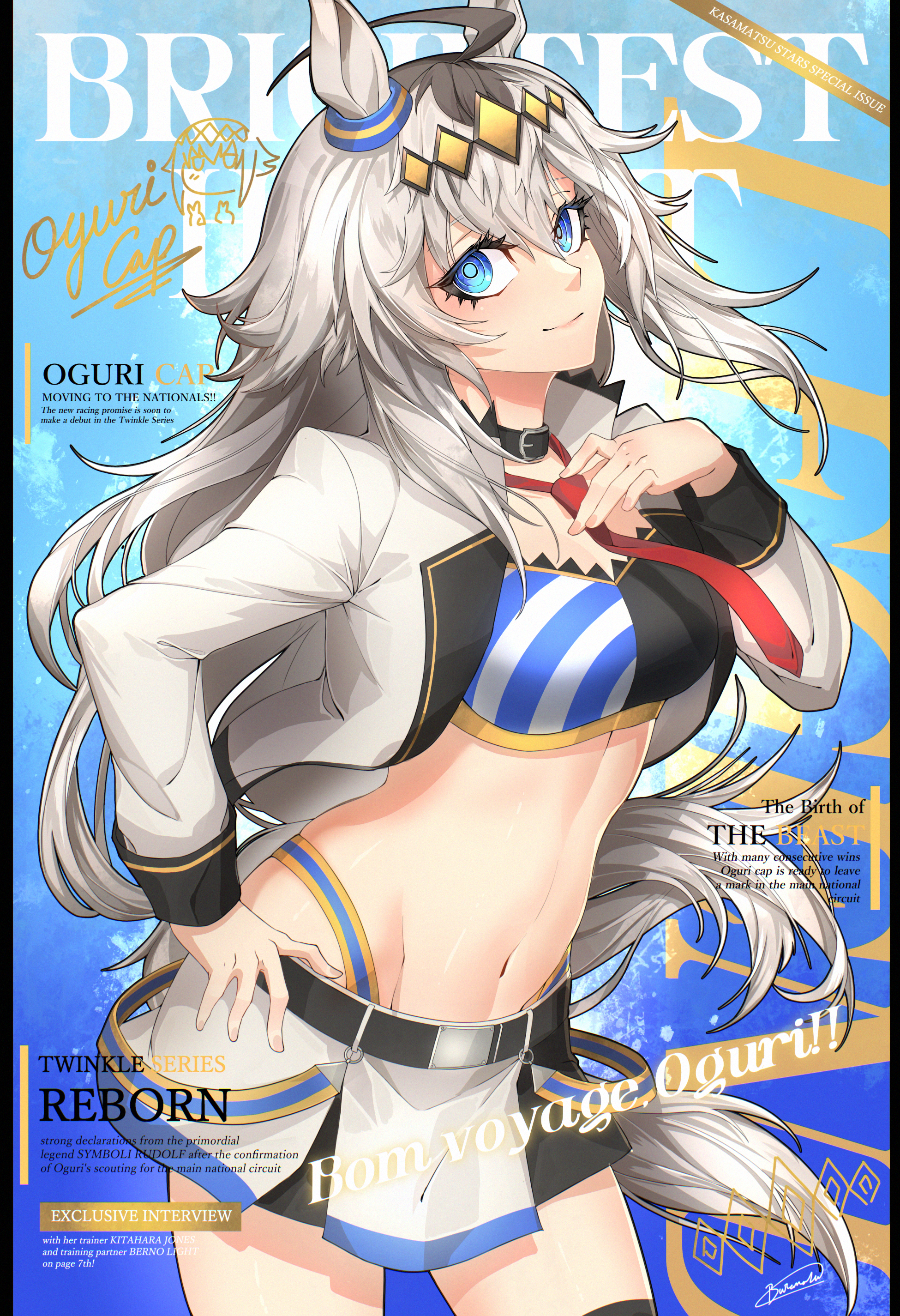 blanace, oguri cap (umamusume), umamusume, umamusume: cinderella gray, absurdres, commentary, highres, 1girl, ahoge, animal ears, bandeau, belt, belt collar, black bandeau, black belt, black collar, black hair, blue bandeau, blue eyes, breasts, character signature, closed mouth, collar, cover, cowboy shot, ear ornament, english text, fake magazine cover, grey hair, grey tail, groin, hair between eyes, hair ornament, hairband, hand on own hip, horse ears, horse girl, horse tail, jacket, long hair, long sleeves, looking at viewer, magazine cover, medium breasts, midriff, multicolored hair, navel, necktie, open clothes, open jacket, red necktie, sidelocks, signature, skirt, smile, solo, standing, striped bandeau, tail, thighhighs, white jacket, white skirt, zettai ryouiki