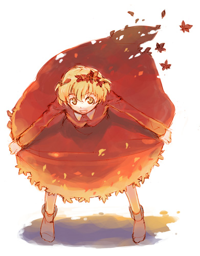aki shizuha, touhou, lowres, 1girl, autumn, blonde hair, female focus, hair ornament, leaf, leaf hair ornament, leaf on head, short hair, socks, solo, yellow eyes