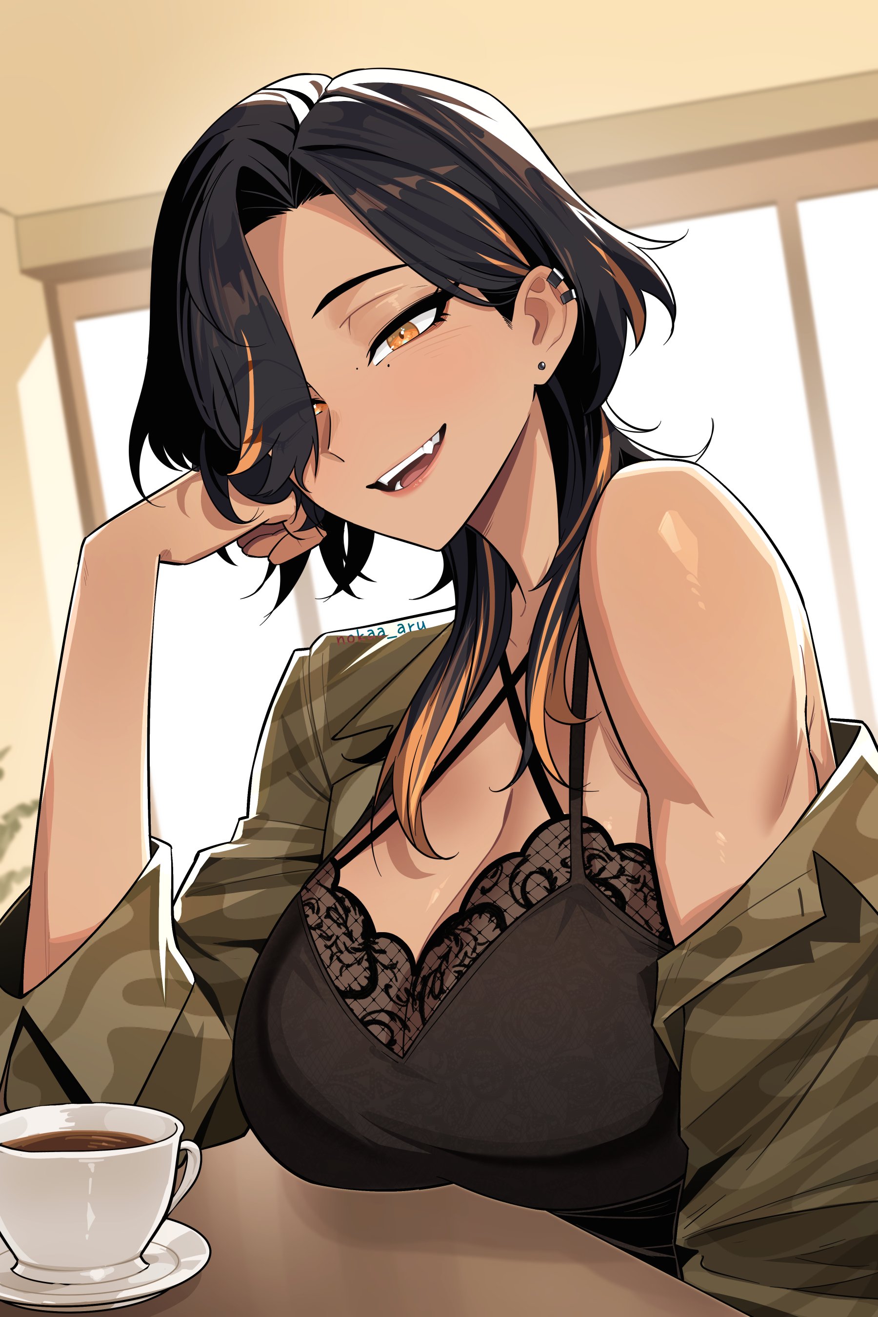 nokaa aru, original, absurdres, commentary, highres, symbol-only commentary, 1girl, artist name, black camisole, black hair, blush, breasts, camisole, camouflage, camouflage shirt, cleavage, coffee, criss-cross halter, cup, curtained hair, dark-skinned female, dark skin, ear piercing, earclip, earrings, elbow on table, elbow rest, eyes visible through hair, green shirt, hair over one eye, halterneck, head rest, hotaru (nokaa aru), jewelry, large breasts, long hair, looking at viewer, mole, mole under eye, multicolored hair, off shoulder, open clothes, open mouth, open shirt, orange eyes, orange hair, piercing, saucer, shirt, single bare shoulder, smile, solo, streaked hair, stud earrings, tea, teacup, teeth, twitter username, two-tone hair, upper body, wolf cut