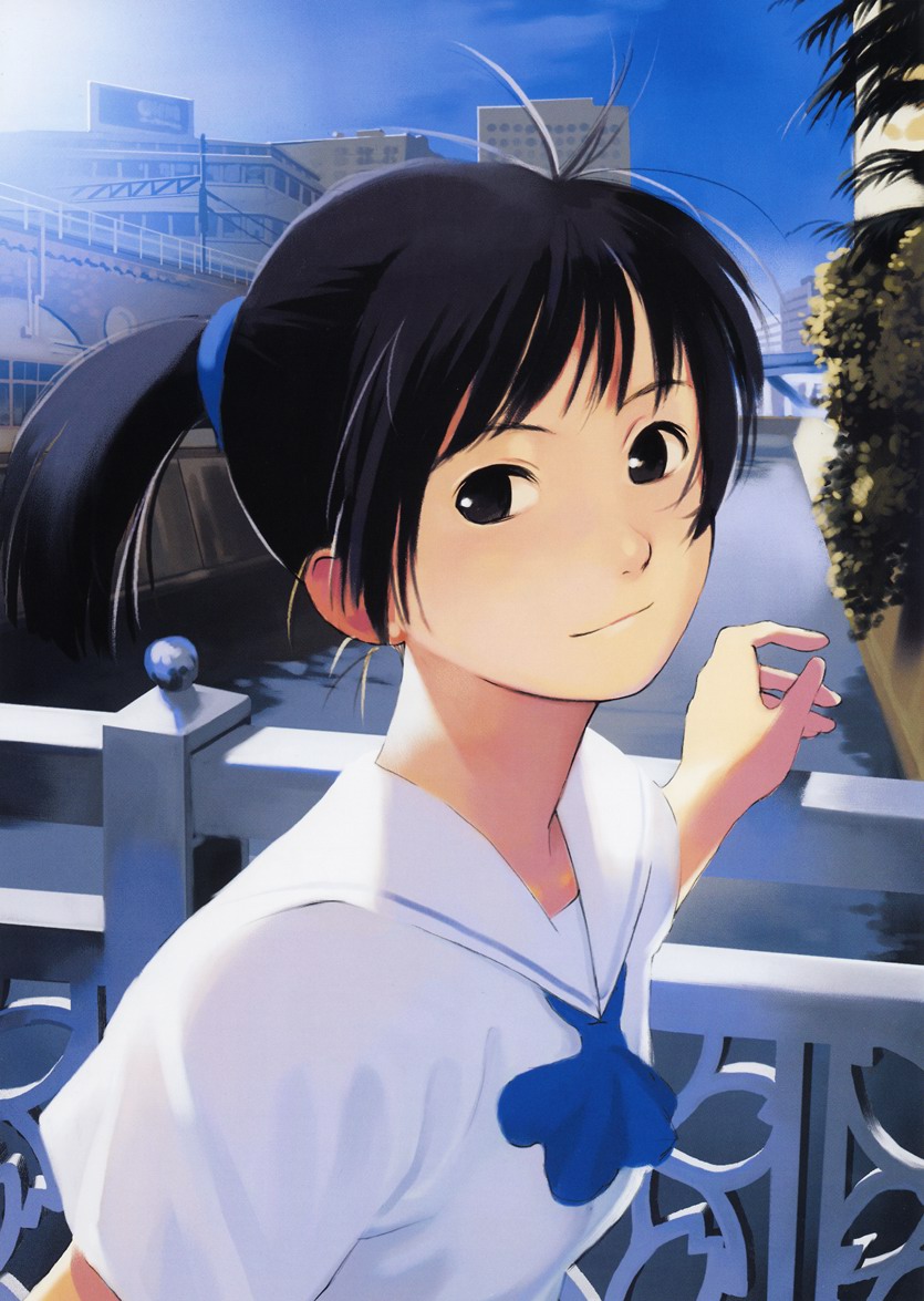 takamichi, black eyes, black hair, day, ponytail, railing, school uniform, serafuku, sky, smile, solo