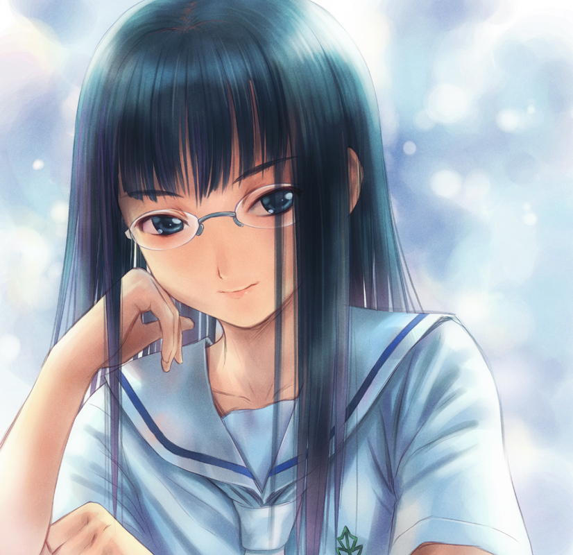goto p, black hair, blue eyes, glasses, long hair, school uniform, serafuku, solo