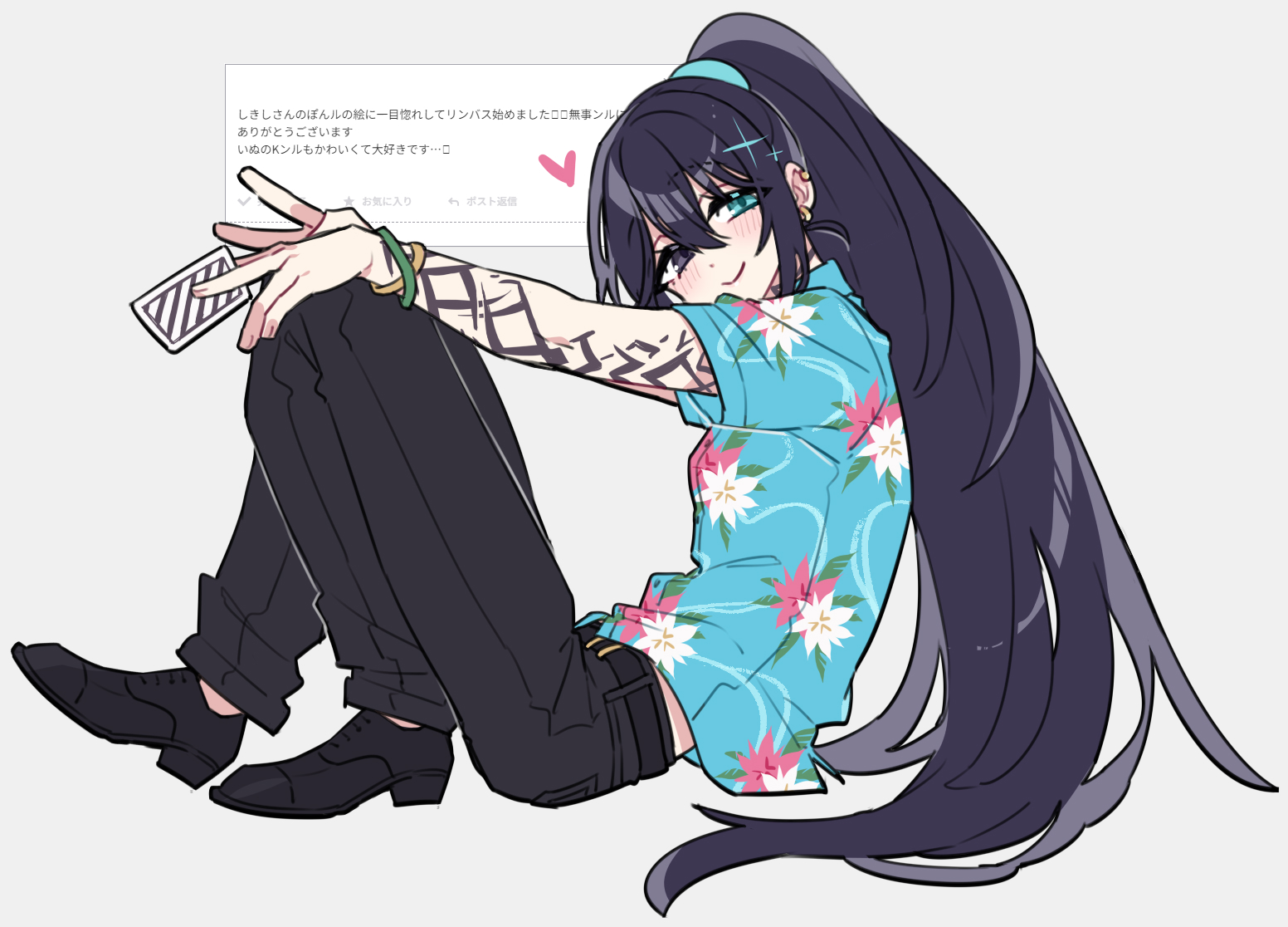 shiki (shikki46), hong lu (project moon), limbus company, project moon, 1boy, arm tattoo, black eyes, black hair, black pants, black shoes, blue eyes, blue shirt, card, collared shirt, earrings, full body, grey background, hawaiian shirt, heterochromia, high ponytail, holding, holding card, jewelry, long hair, looking at viewer, male focus, pants, ponytail, shirt, shoes, short sleeves, simple background, sitting, solo, sparkle, tattoo, tingtang gang (identity) (project moon)