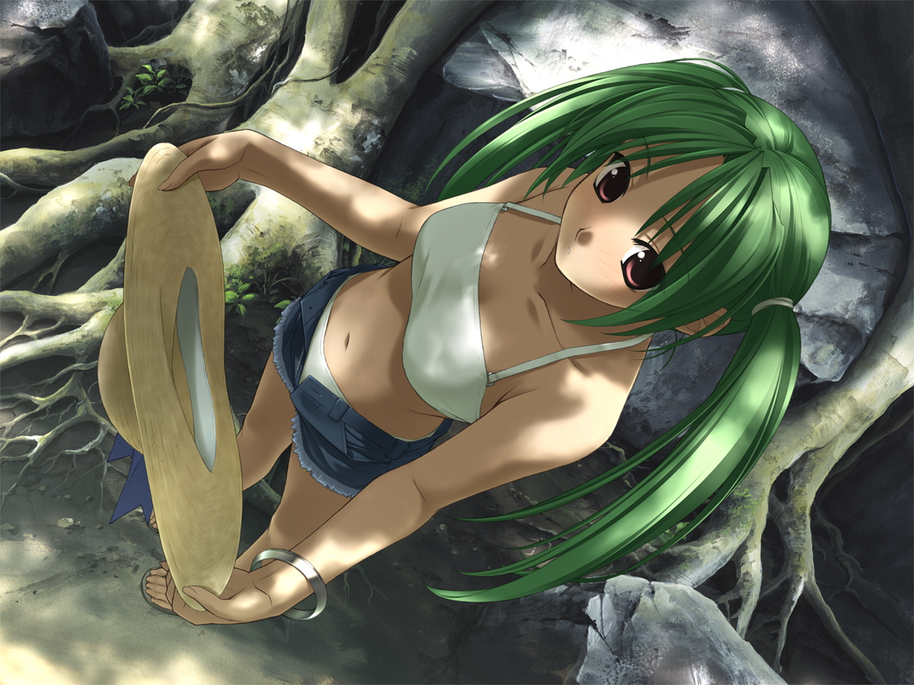 hashimoto takashi, 1girl, bikini, blush, bracelet, cutoffs, dappled sunlight, day, denim, denim shorts, female focus, from above, green hair, hat, holding, holding unworn clothes, holding unworn hat, jewelry, long hair, red eyes, shade, shorts, solo, standing, straw hat, sunlight, swimsuit, twintails, unworn hat, unworn headwear