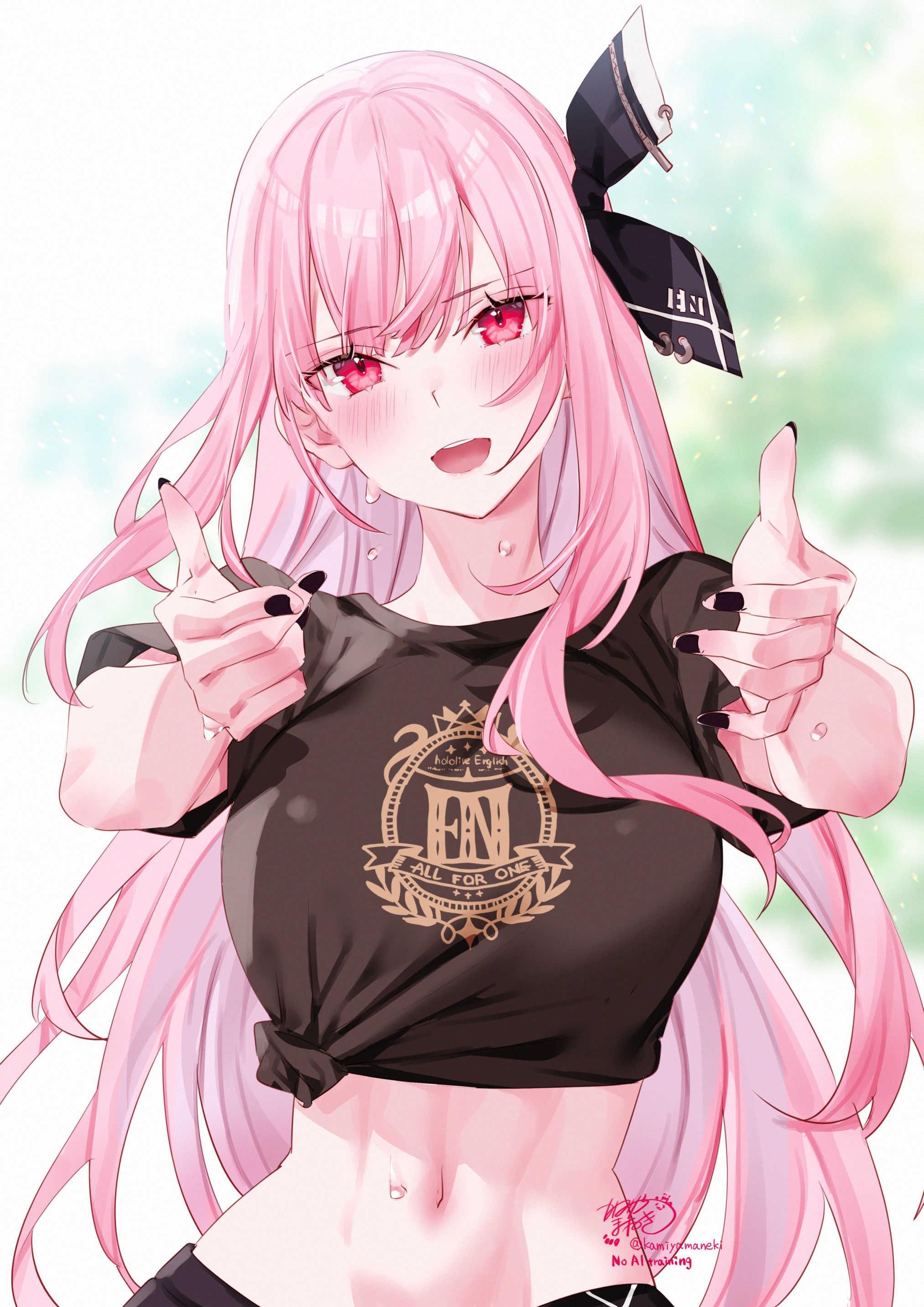 kamiya maneki, mori calliope, hololive, hololive english, absurdres, commentary, english commentary, highres, 1girl, :d, black nails, black ribbon, black shirt, blunt bangs, blurry, blurry background, breasts, hair ribbon, large breasts, long hair, looking at viewer, midriff, nail polish, navel, open mouth, pink eyes, pink hair, print shirt, ribbon, shirt, single sidelock, smile, solo, straight-on, t-shirt, teeth, tied shirt, upper teeth only, very long hair, virtual youtuber