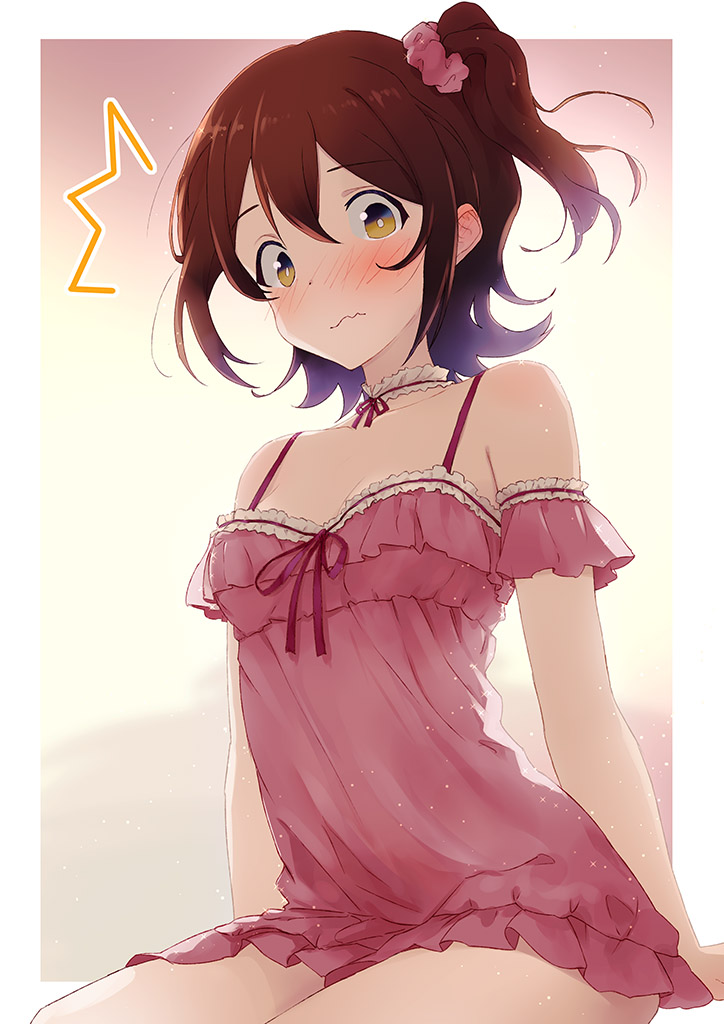 ikamagu, kasuga mirai, idolmaster, idolmaster million live!, commentary request, 1girl, babydoll, blush, border, breasts, brown eyes, brown hair, choker, closed mouth, flustered, frilled choker, frills, hair ornament, hair scrunchie, looking at viewer, one side up, outside border, pink babydoll, pink scrunchie, scrunchie, sitting, solo, wavy mouth, white border