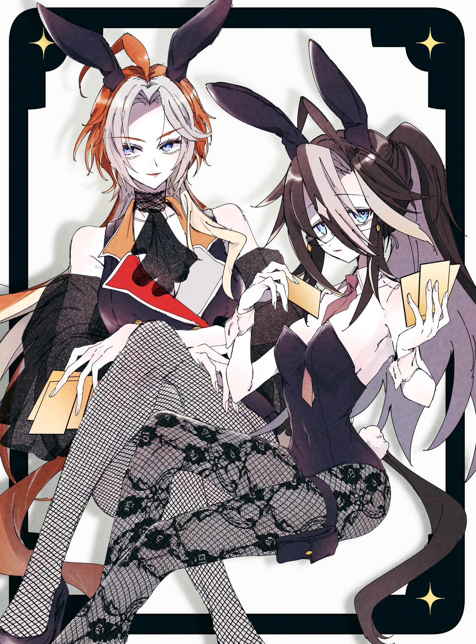 oyami, dream journey (umamusume), orfevre (umamusume), umamusume, highres, 2girls, alternate costume, animal ears, ear covers, ear ornament, fake animal ears, fake tail, horse ears, horse girl, horse tail, leotard, multiple girls, playboy bunny, rabbit ears, rabbit tail, strapless, strapless leotard, tail