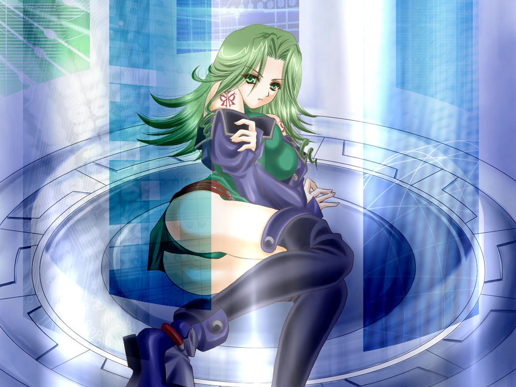 lamia loveless, banpresto, super robot wars, breast hold, ass, boots, breasts, green eyes, green hair, large breasts, long hair, lying, solo, tattoo, thighhighs