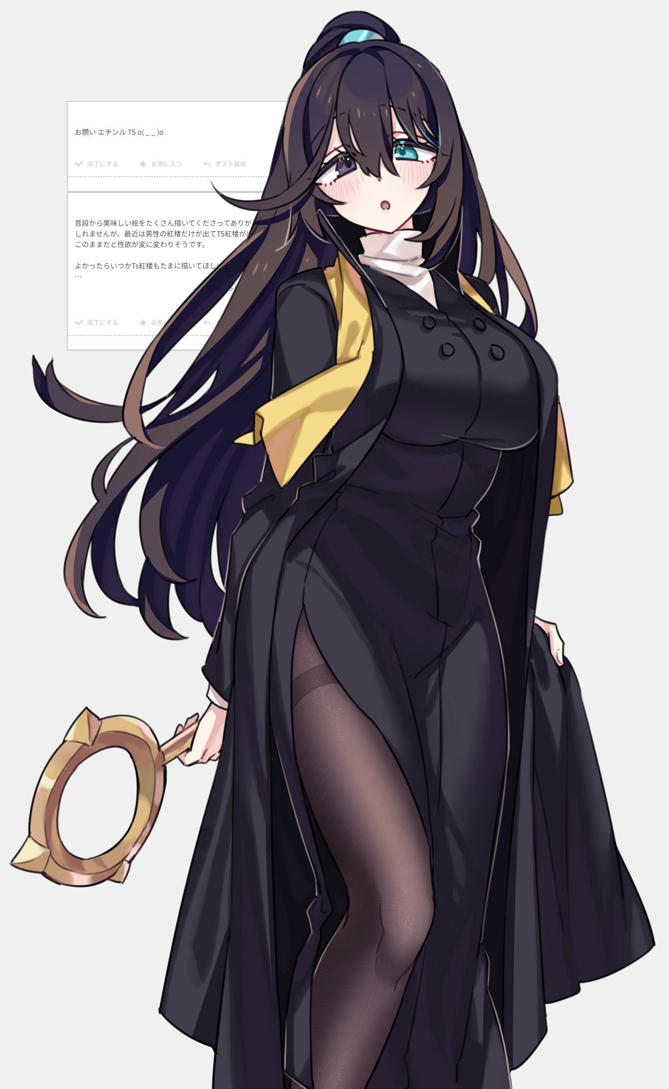shiki (shikki46), hong lu (project moon), limbus company, project moon, highres, 1girl, :o, black coat, black dress, black eyes, black hair, black pantyhose, blue eyes, breasts, coat, cowboy shot, dieci association south uniform, dress, genderswap, genderswap (mtf), grey background, heterochromia, high ponytail, holding, holding staff, large breasts, long hair, long sleeves, looking at viewer, open mouth, pantyhose, ponytail, shirt, simple background, solo, staff, standing, white shirt, yellow stole