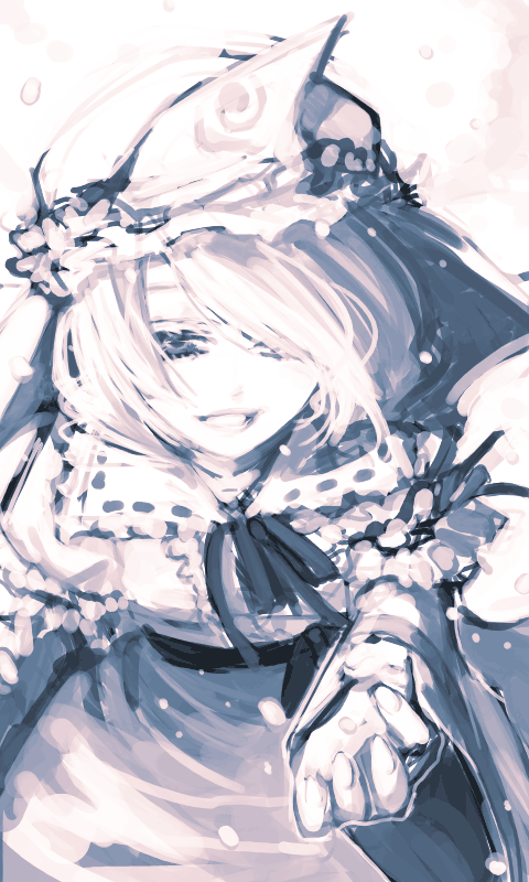 hajimenimodoru, saigyouji yuyuko, touhou, 1girl, female focus, hair over one eye, hat, japanese clothes, kimono, long sleeves, looking at viewer, mid, mob cap, outstretched arm, short hair, smile, snowing, solo, triangular headpiece, white theme, wide sleeves